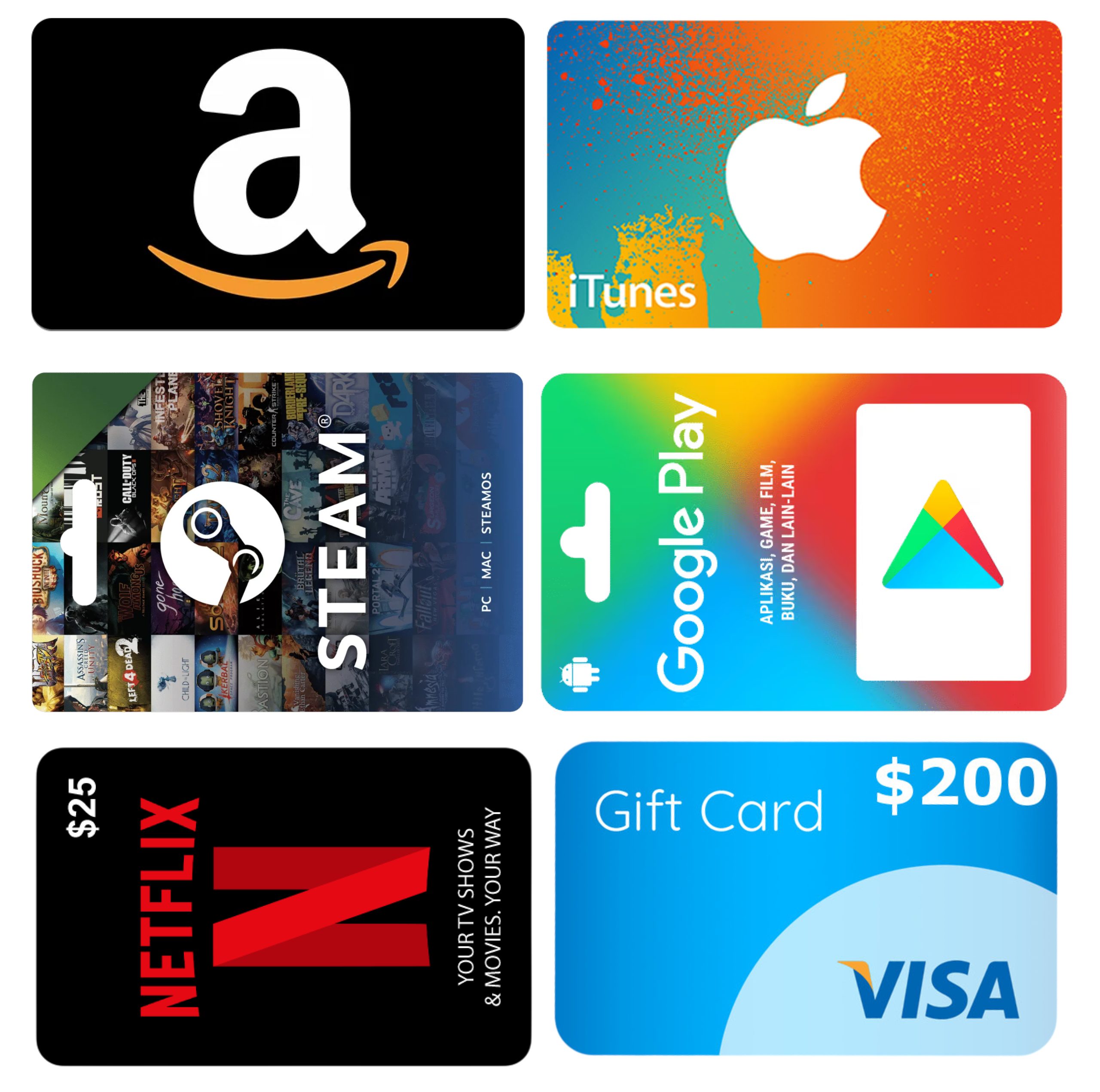 popular gift cards in Nigeria, Amazon, Apple, Google Pay, Steam, Netflix